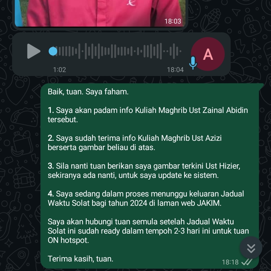 Contoh WhatsApp Voice. Padam Kuliah. Tambah Kuliah. Tukar Gambar Penceramah. Mobile Hotspot.