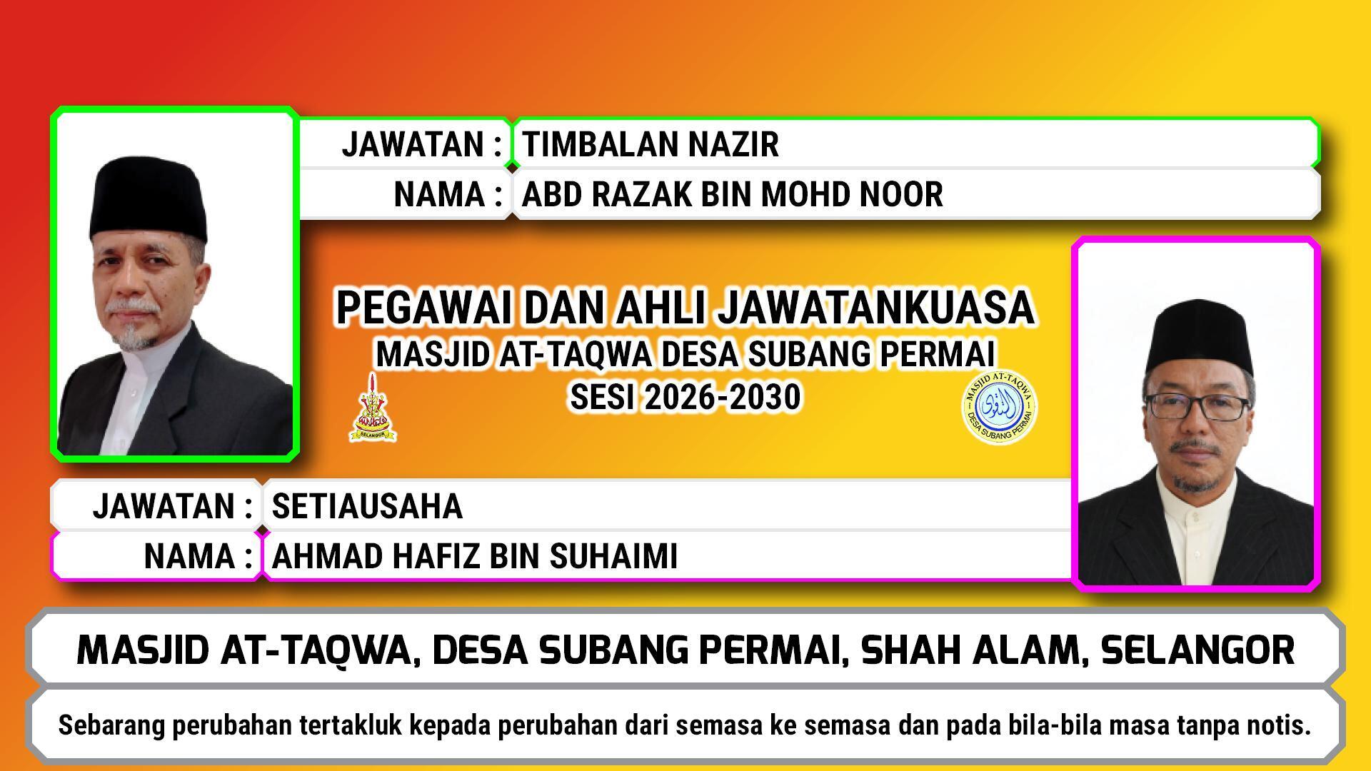 Fazhan's Poster. Timbalan Nazir Masjid At-Taqwa Desa Subang Permai.
