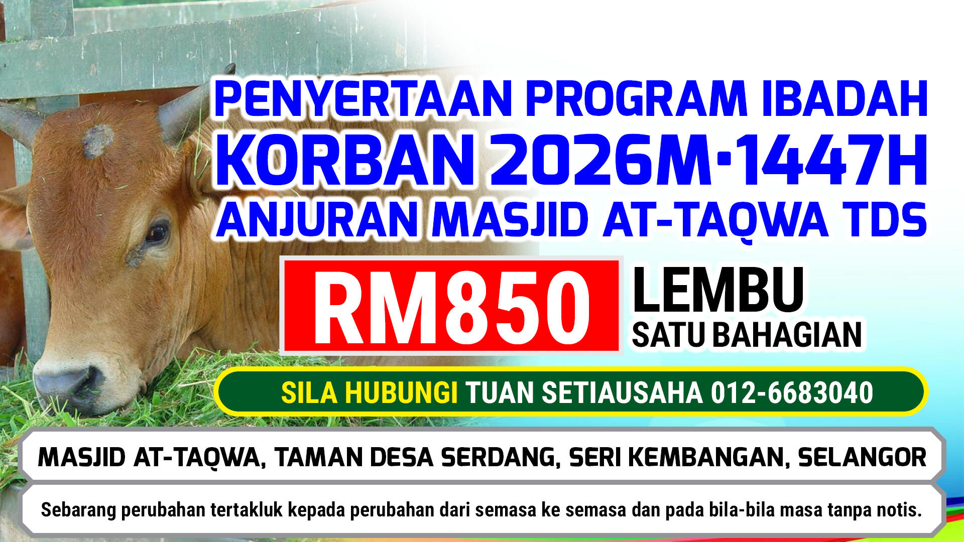Fazhan's Poster. Penyertaan Program Ibadah Korban Bayaran 850 Lembu Satu Bahagian.